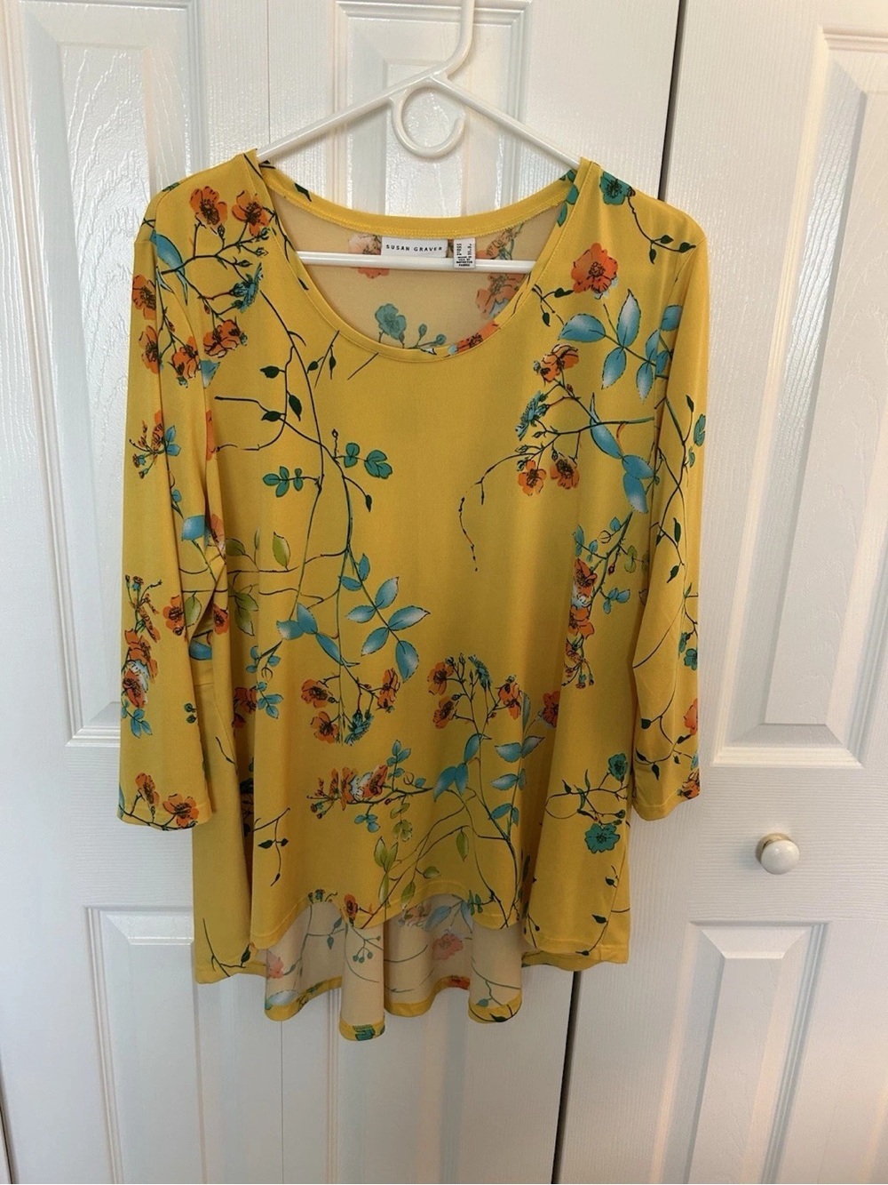 Susan Graver Yellow Floral Scoop-Neck Tunic with Teal & Orange Accents